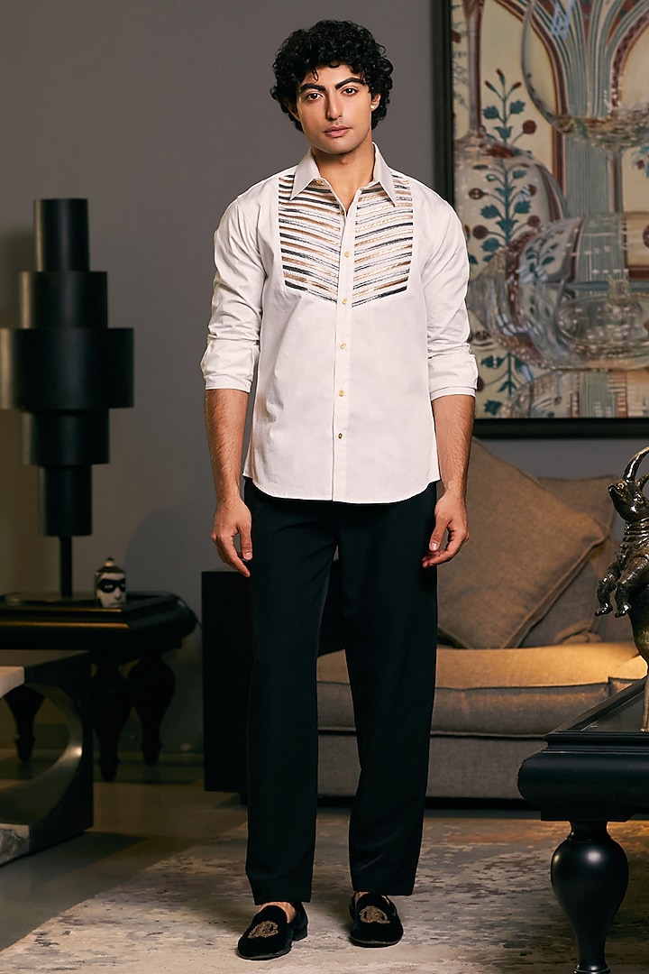 Ivory Cotton Satin Metallic Stripe Work Shirt by Siddartha Tytler Men