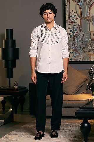 Ivory Cotton Satin Metallic Stripe Work Shirt by Siddartha Tytler Men