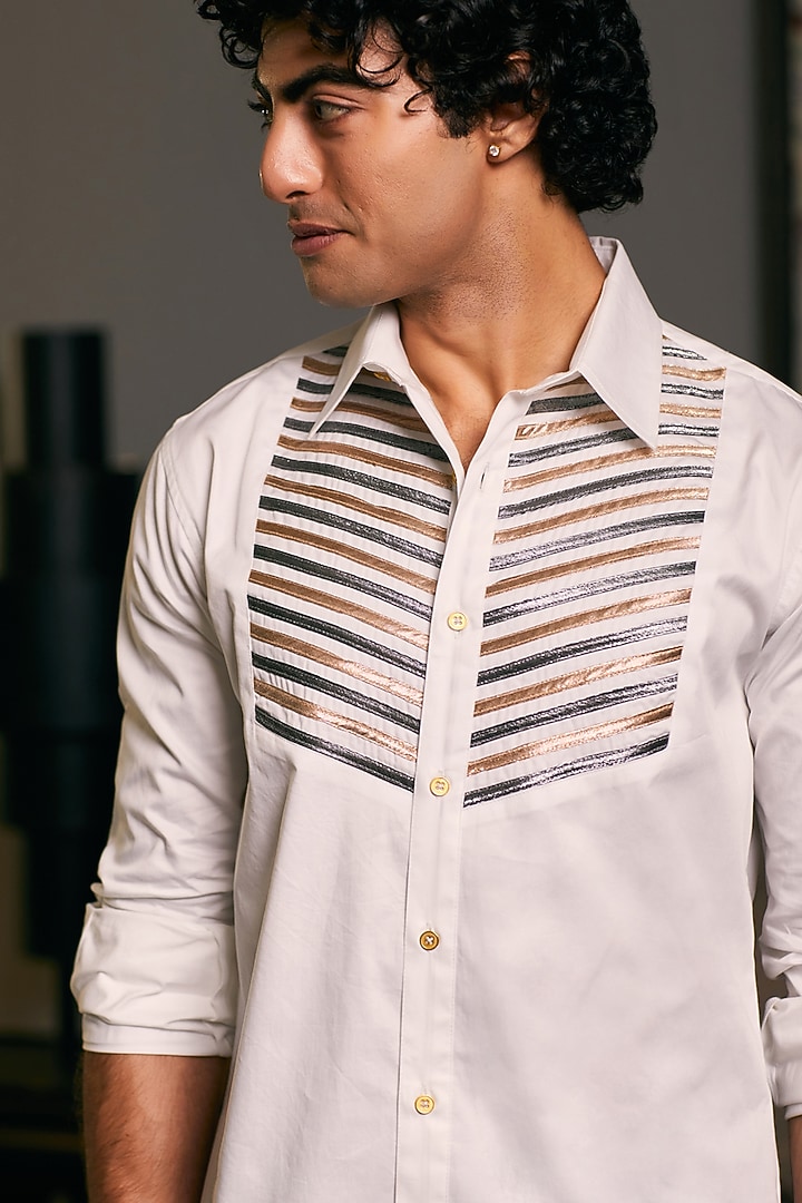 Ivory Cotton Satin Metallic Stripe Work Party Wear Shirt by Siddartha Tytler Men at Pernia's Pop Up Shop