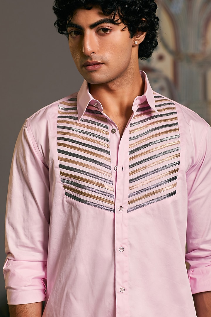 Bubblegum Pink Cotton Satin Metallic Stripe Work Party Wear Shirt by Siddartha Tytler Men at Pernia's Pop Up Shop