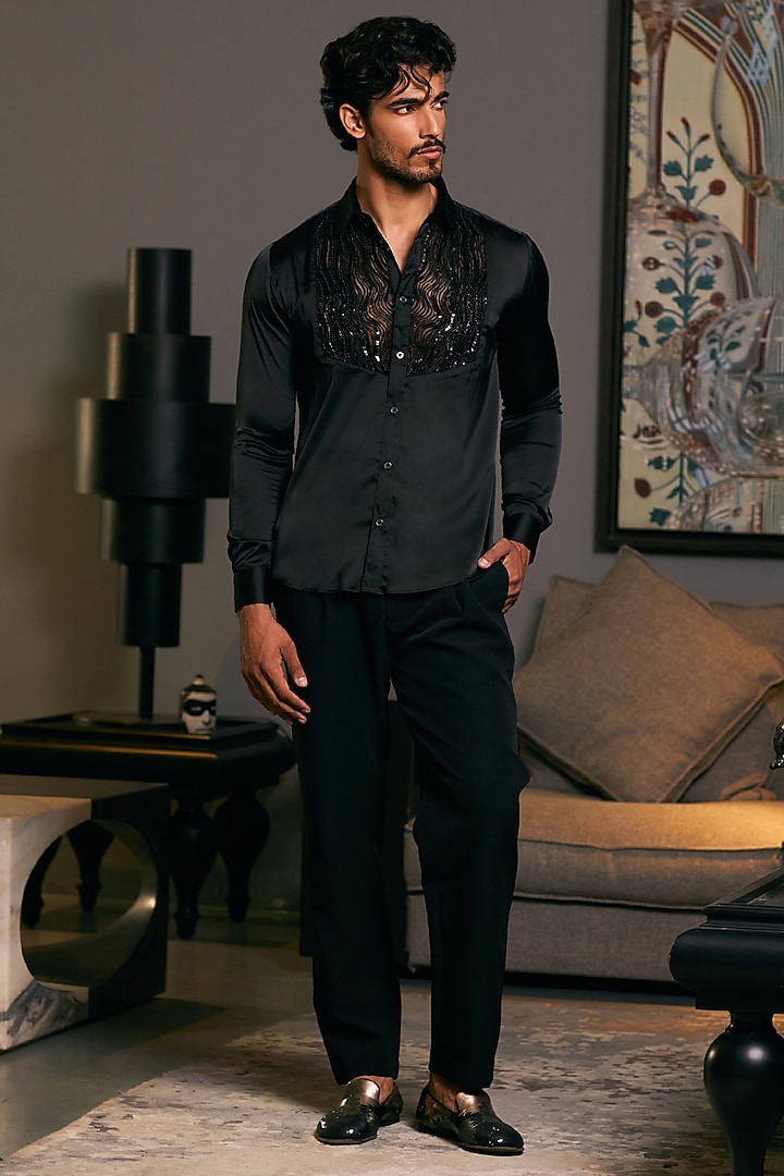 Black Lycra Satin Embroidered Shirt by Siddartha Tytler Men