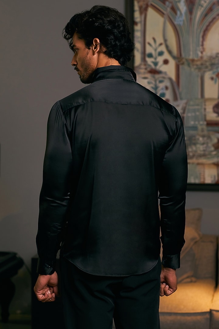 Black Lycra Satin Embroidered Wedding Shirt by Siddartha Tytler Men at Pernia's Pop Up Shop