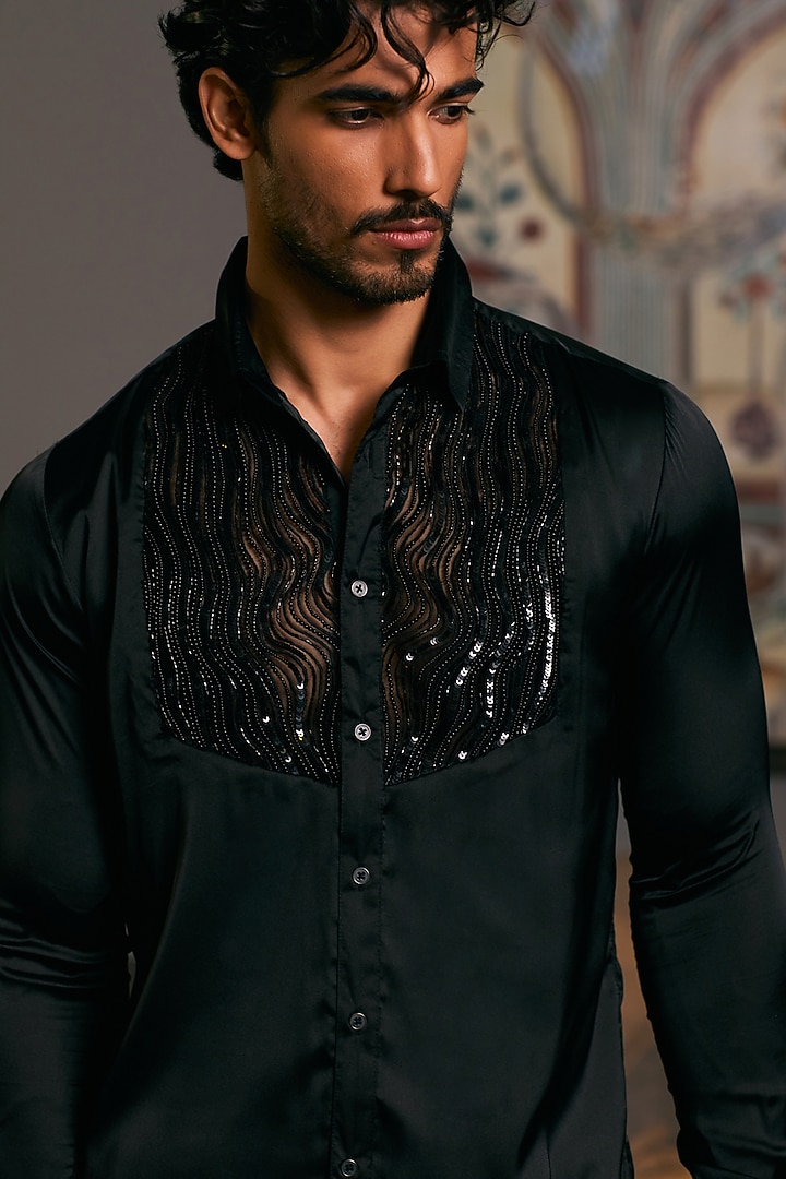 Black Lycra Satin Embroidered Wedding Shirt by Siddartha Tytler Men at Pernia's Pop Up Shop