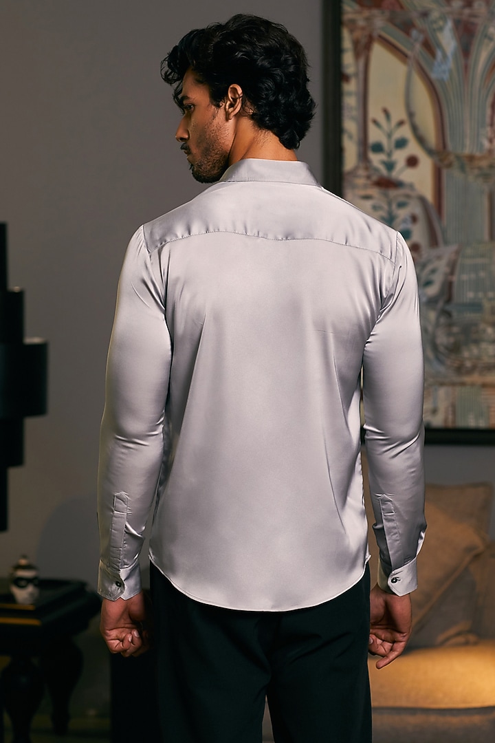 Steel Grey Lycra Satin Embroidered Wedding Shirt by Siddartha Tytler Men at Pernia's Pop Up Shop