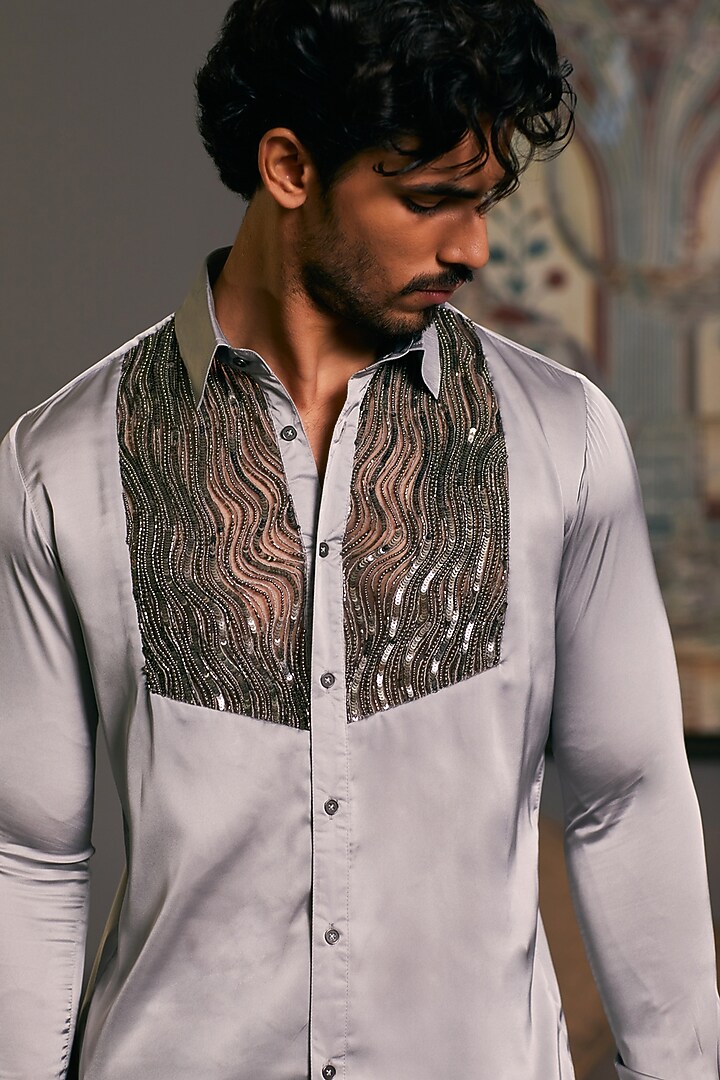 Steel Grey Lycra Satin Embroidered Wedding Shirt by Siddartha Tytler Men at Pernia's Pop Up Shop