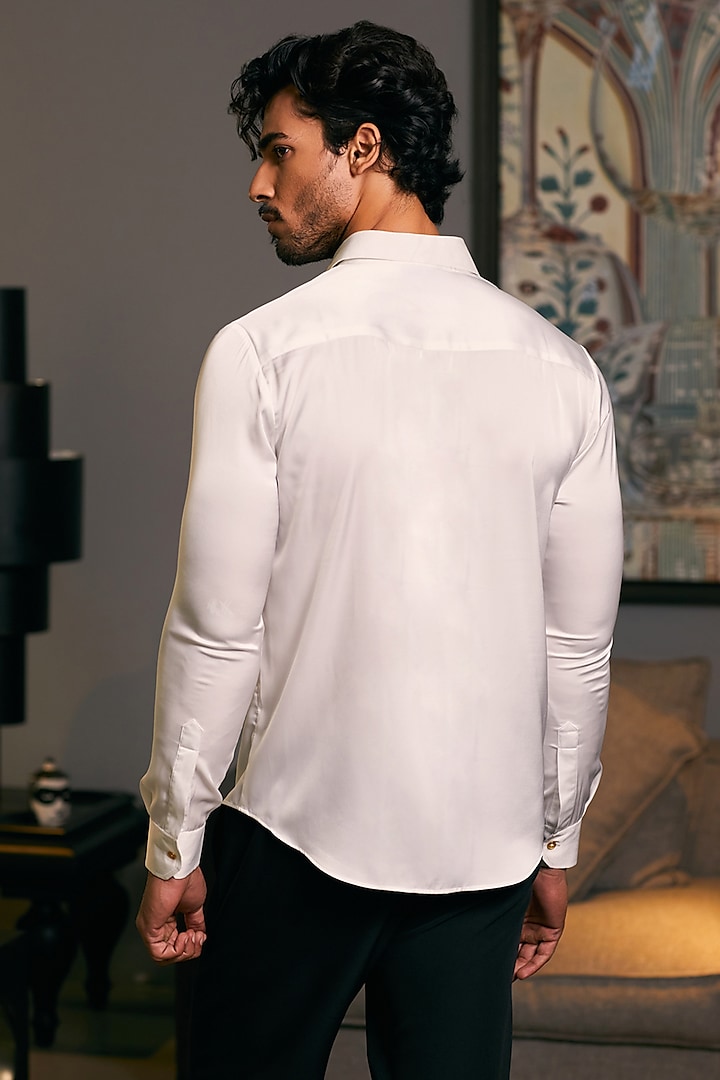 Ivory Lycra Satin Embroidered Wedding Shirt by Siddartha Tytler Men at Pernia's Pop Up Shop