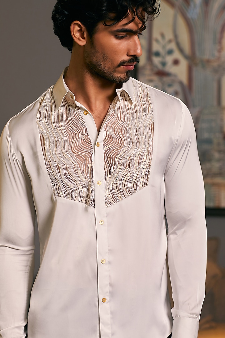 Ivory Lycra Satin Embroidered Wedding Shirt by Siddartha Tytler Men at Pernia's Pop Up Shop