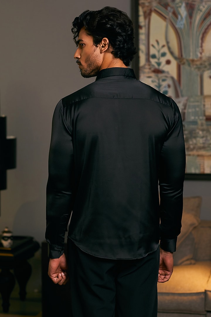 Black Lycra Satin Embroidered Wedding Shirt by Siddartha Tytler Men at Pernia's Pop Up Shop