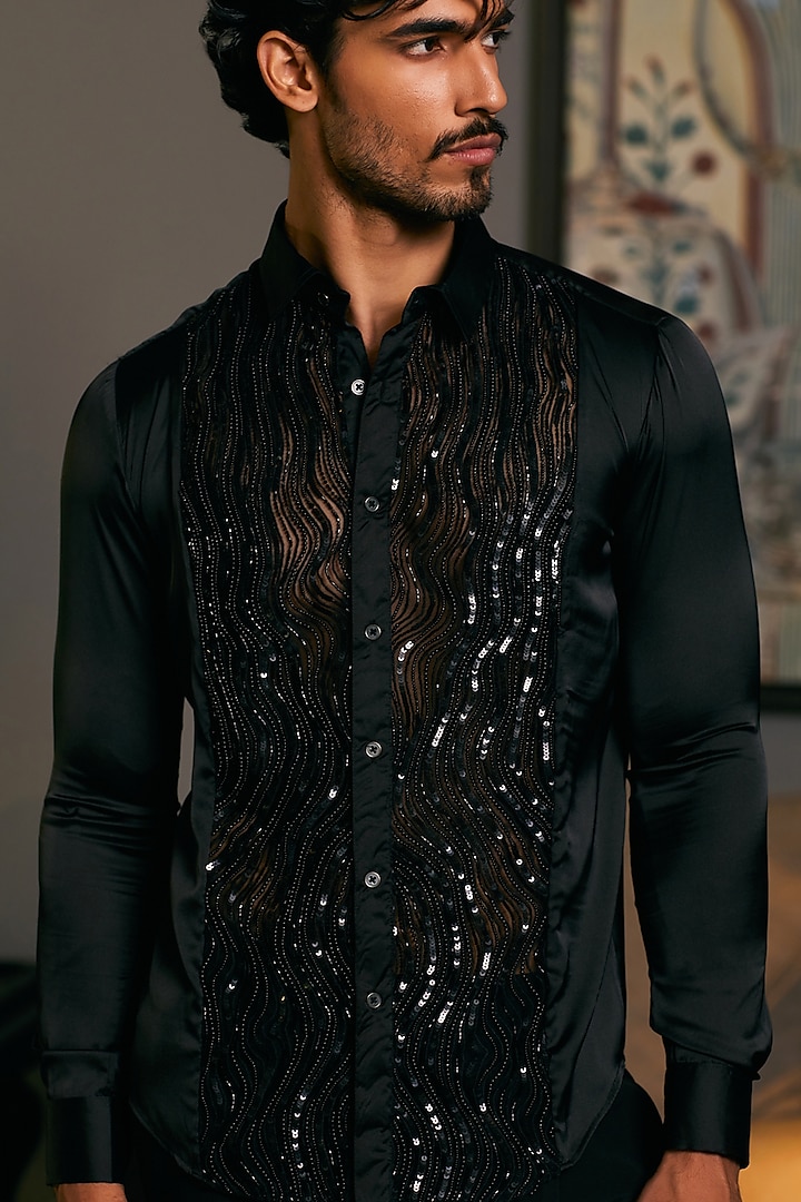 Black Lycra Satin Embroidered Wedding Shirt by Siddartha Tytler Men at Pernia's Pop Up Shop