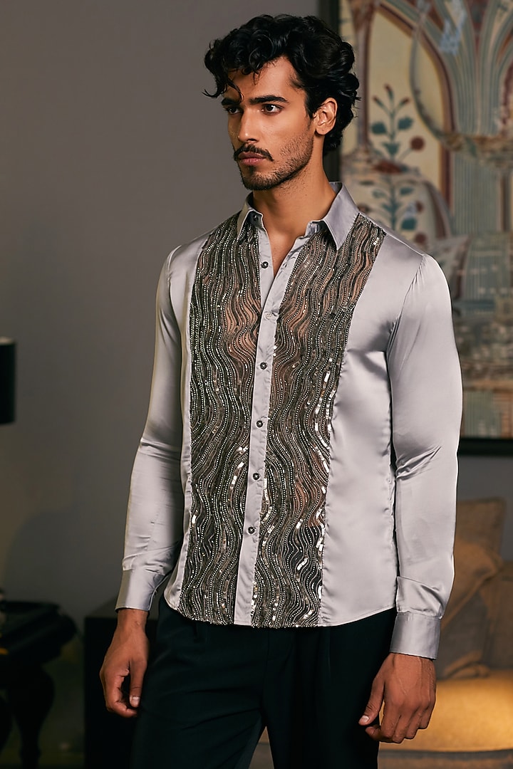 Steel Grey Lycra Satin Embroidered Shirt by Siddartha Tytler Men