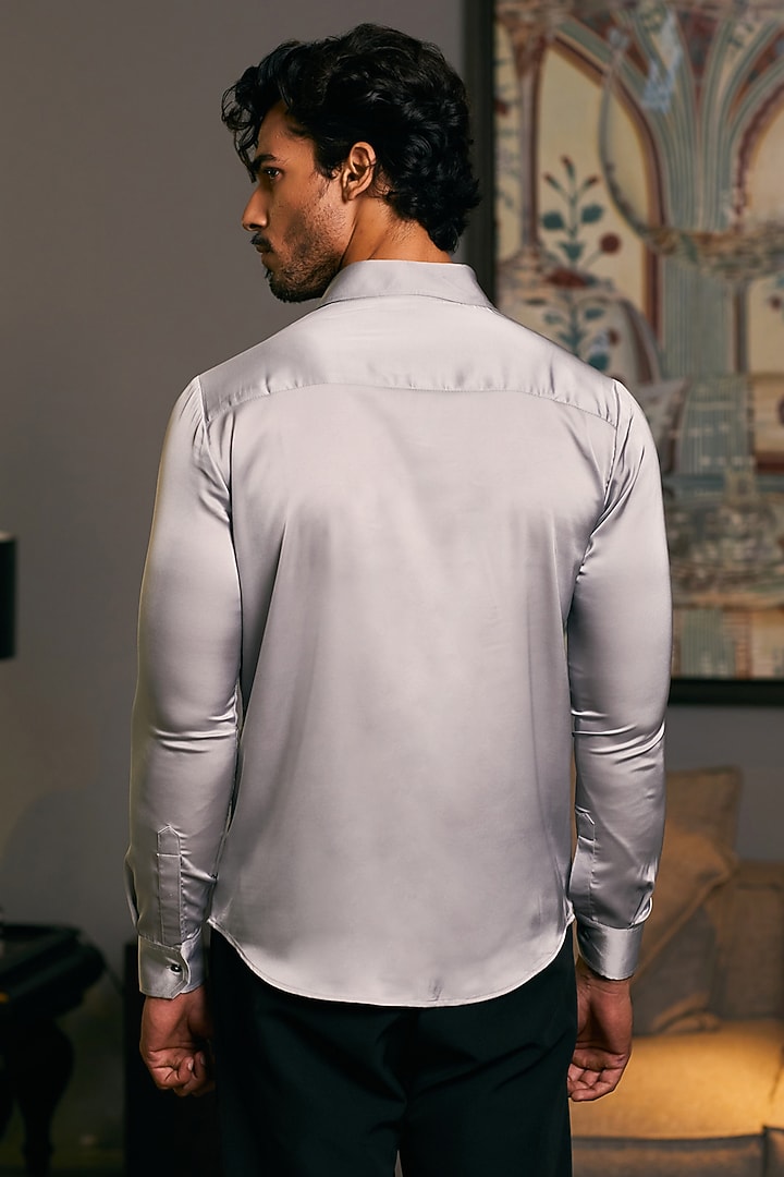 Steel Grey Lycra Satin Embroidered Wedding Shirt by Siddartha Tytler Men at Pernia's Pop Up Shop