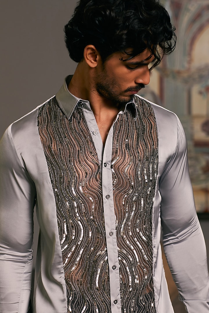 Steel Grey Lycra Satin Embroidered Wedding Shirt by Siddartha Tytler Men at Pernia's Pop Up Shop