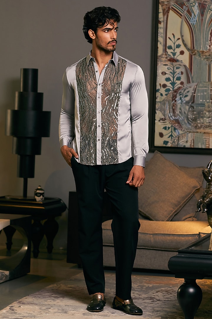 Steel Grey Lycra Satin Embroidered Wedding Shirt by Siddartha Tytler Men at Pernia's Pop Up Shop