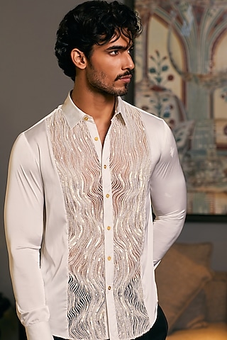 Ivory Lycra Satin Embroidered Shirt by Siddartha Tytler Men