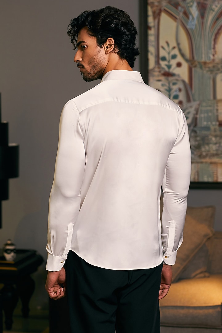 Ivory Lycra Satin Embroidered Wedding Shirt by Siddartha Tytler Men at Pernia's Pop Up Shop