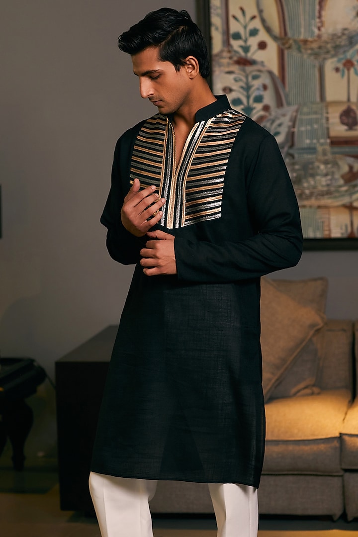 Black Blended Linen Metallic Stripe Work Kurta by Siddartha Tytler Men