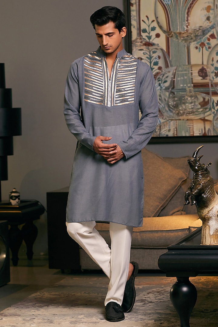 Steel Grey Blended Linen Metallic Stripe Work Kurta by Siddartha Tytler Men