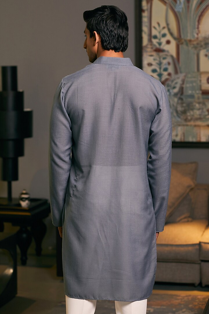 Steel Grey Blended Linen Metallic Stripe Work Kurta by Siddartha Tytler Men at Pernia's Pop Up Shop