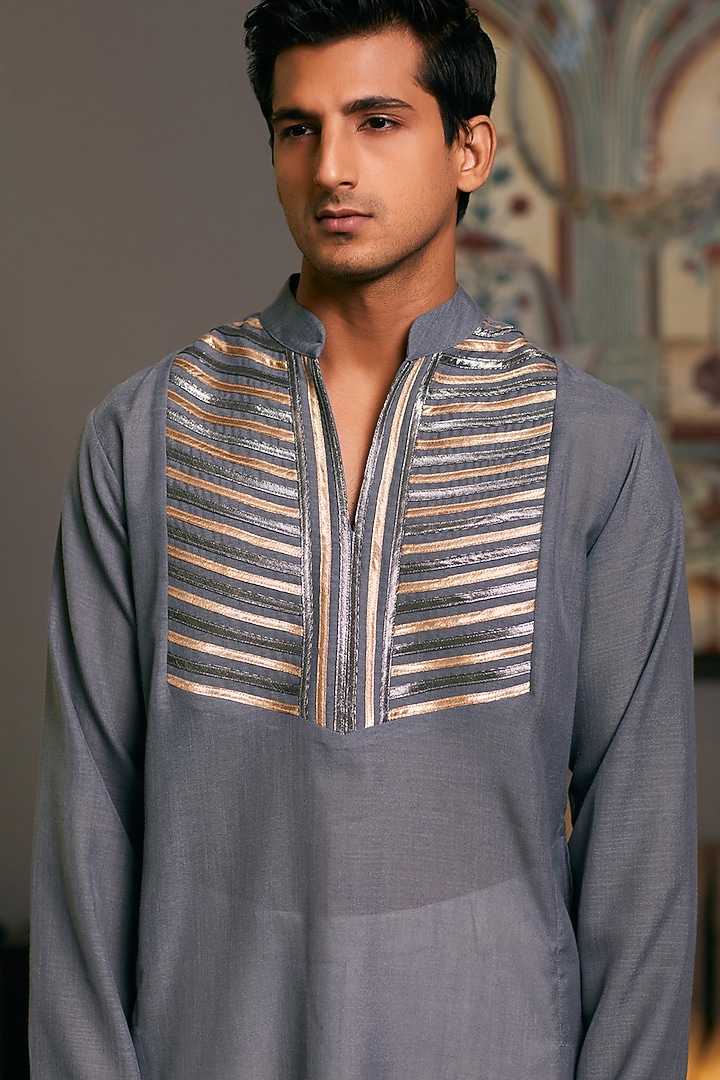 Steel Grey Blended Linen Metallic Stripe Work Kurta by Siddartha Tytler Men at Pernia's Pop Up Shop