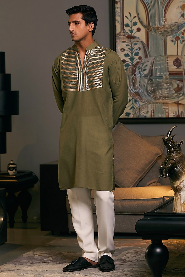 Olive Blended Linen Metallic Stripe Work Kurta by Siddartha Tytler Men