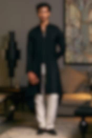 Black Blended Linen Draped Kurta by Siddartha Tytler Men