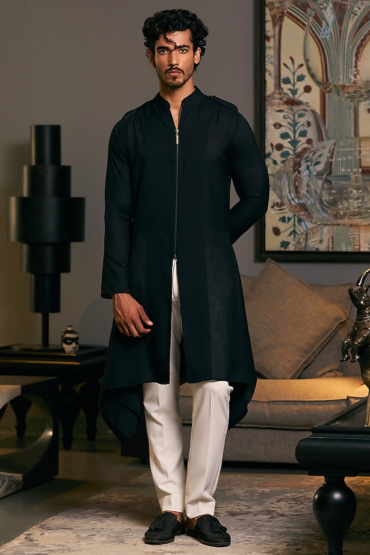 Black Blended Linen Draped Kurta by Siddartha Tytler Men