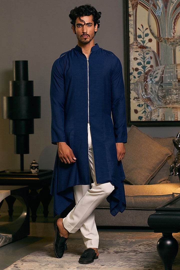 Midnight Blue Blended Linen Draped Kurta by Siddartha Tytler Men