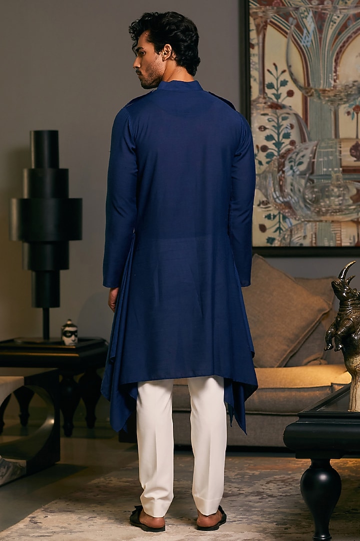 Midnight Blue Blended Linen Draped Kurta by Siddartha Tytler Men at Pernia's Pop Up Shop