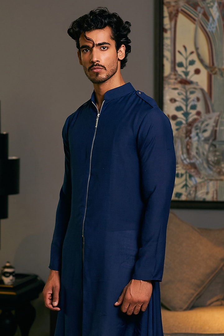 Midnight Blue Blended Linen Draped Kurta by Siddartha Tytler Men at Pernia's Pop Up Shop