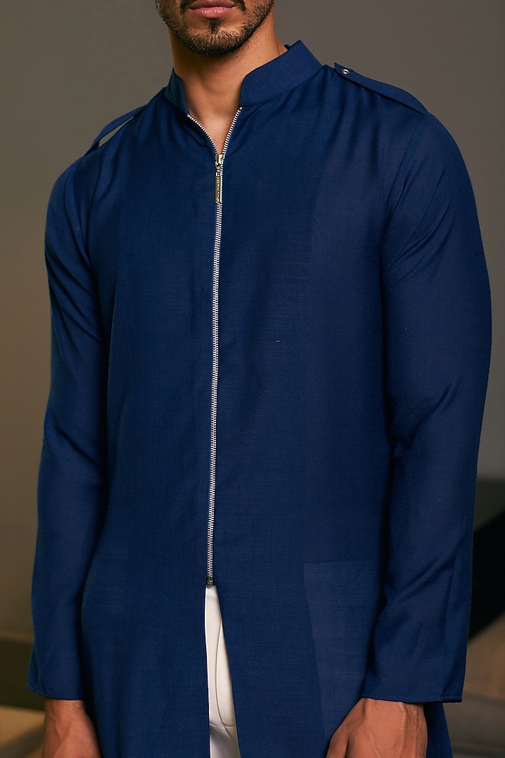 Midnight Blue Blended Linen Draped Kurta by Siddartha Tytler Men at Pernia's Pop Up Shop