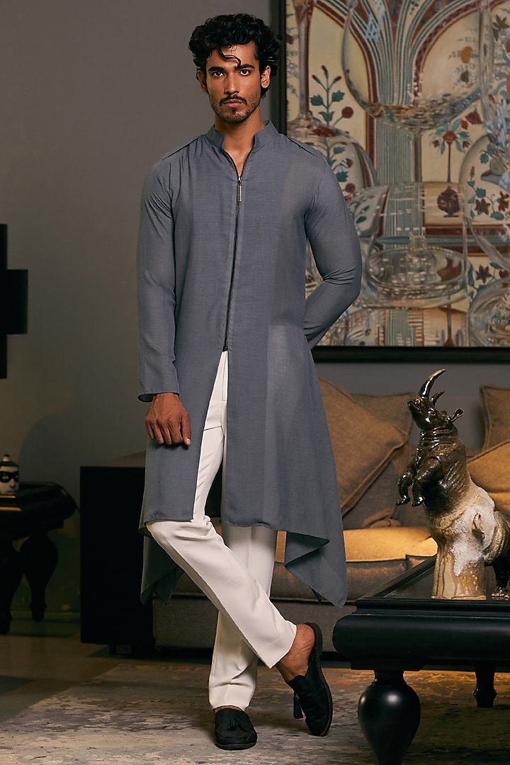 Slate Grey Blended Linen Draped Kurta by Siddartha Tytler Men