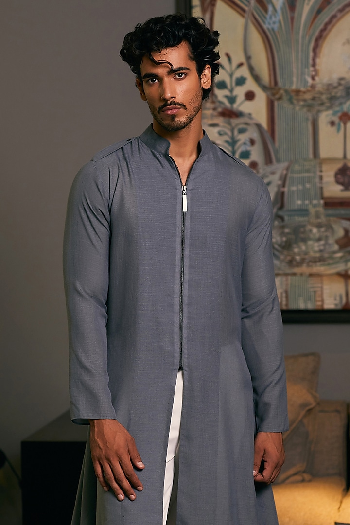 Slate Grey Blended Linen Draped Kurta by Siddartha Tytler Men at Pernia's Pop Up Shop