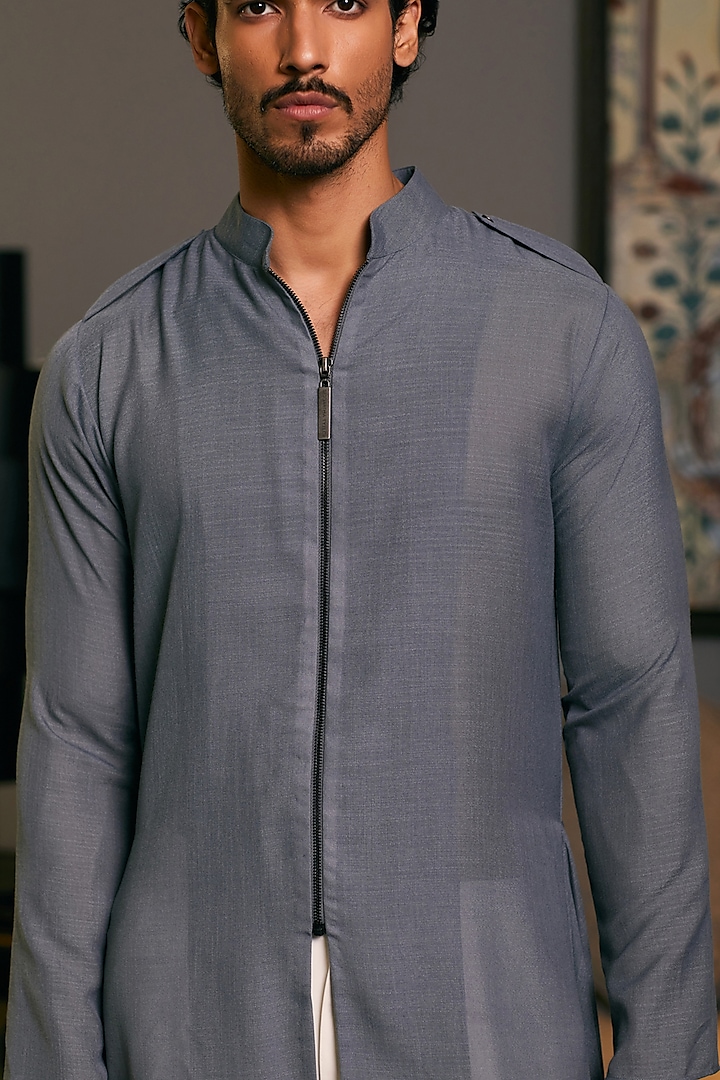 Slate Grey Blended Linen Draped Kurta by Siddartha Tytler Men at Pernia's Pop Up Shop