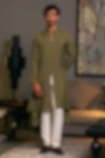 Olive Blended Linen Draped Kurta by Siddartha Tytler Men