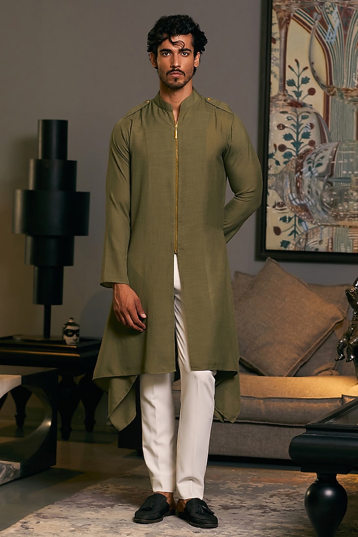 Olive Blended Linen Draped Kurta by Siddartha Tytler Men