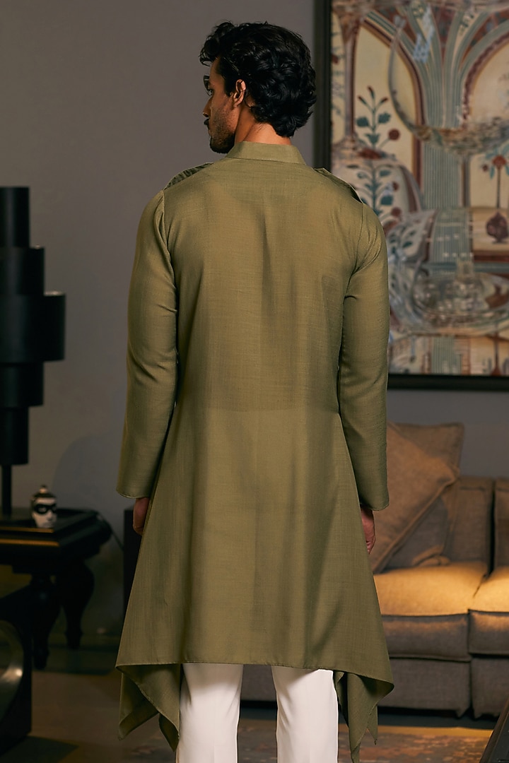 Olive Blended Linen Draped Kurta by Siddartha Tytler Men at Pernia's Pop Up Shop
