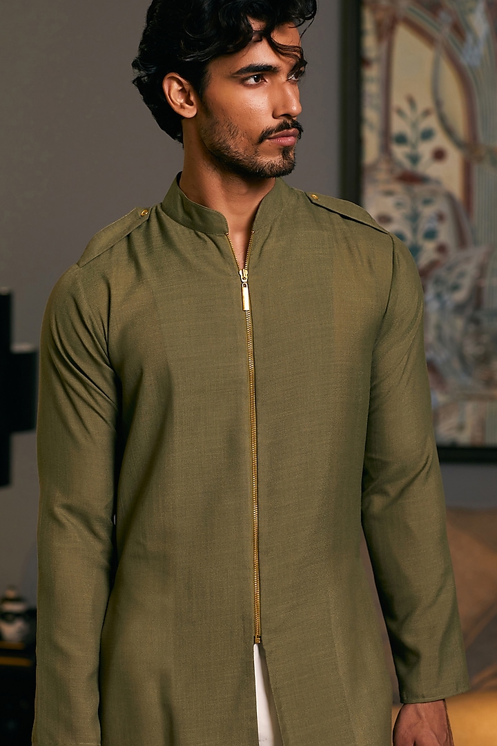 Olive Blended Linen Draped Kurta by Siddartha Tytler Men at Pernia's Pop Up Shop