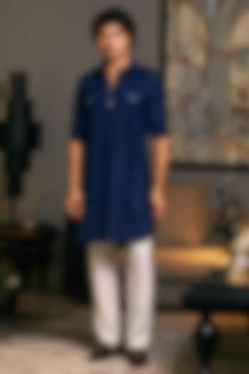 Midnight Blue Blended Linen Kurta by Siddartha Tytler Men