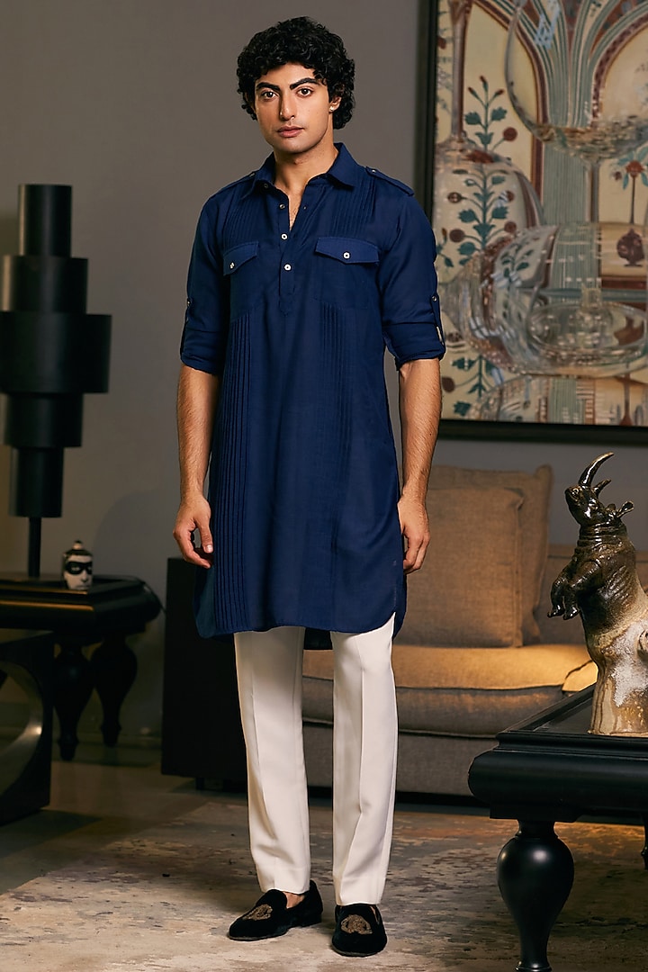 Midnight Blue Blended Linen Kurta by Siddartha Tytler Men