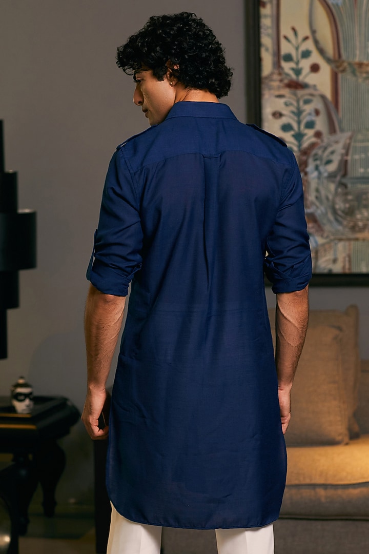 Midnight Blue Blended Linen Kurta by Siddartha Tytler Men at Pernia's Pop Up Shop