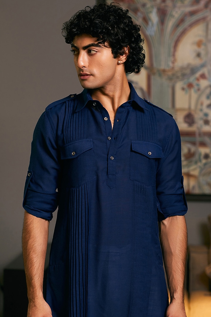 Midnight Blue Blended Linen Kurta by Siddartha Tytler Men at Pernia's Pop Up Shop