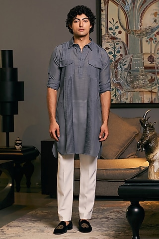 Slate Grey Blended Linen Kurta by Siddartha Tytler Men