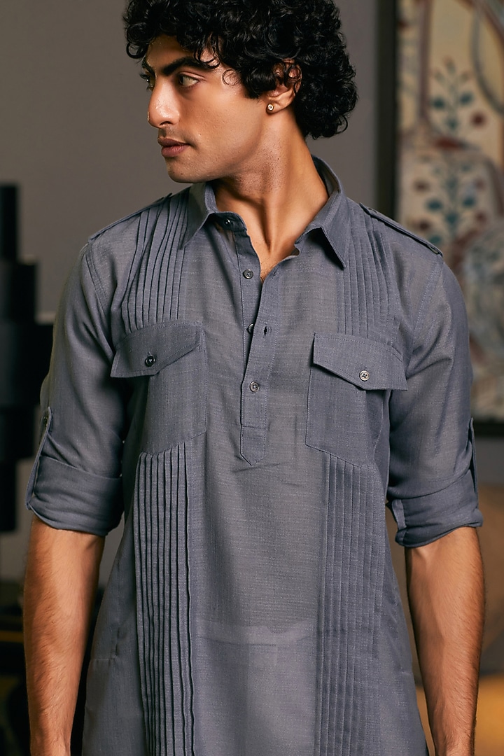 Slate Grey Blended Linen Kurta by Siddartha Tytler Men at Pernia's Pop Up Shop