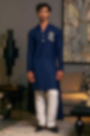 Midnight Blue Blended Linen Asymmetric Embroidered Kurta by Siddartha Tytler Men at Pernia's Pop Up Shop