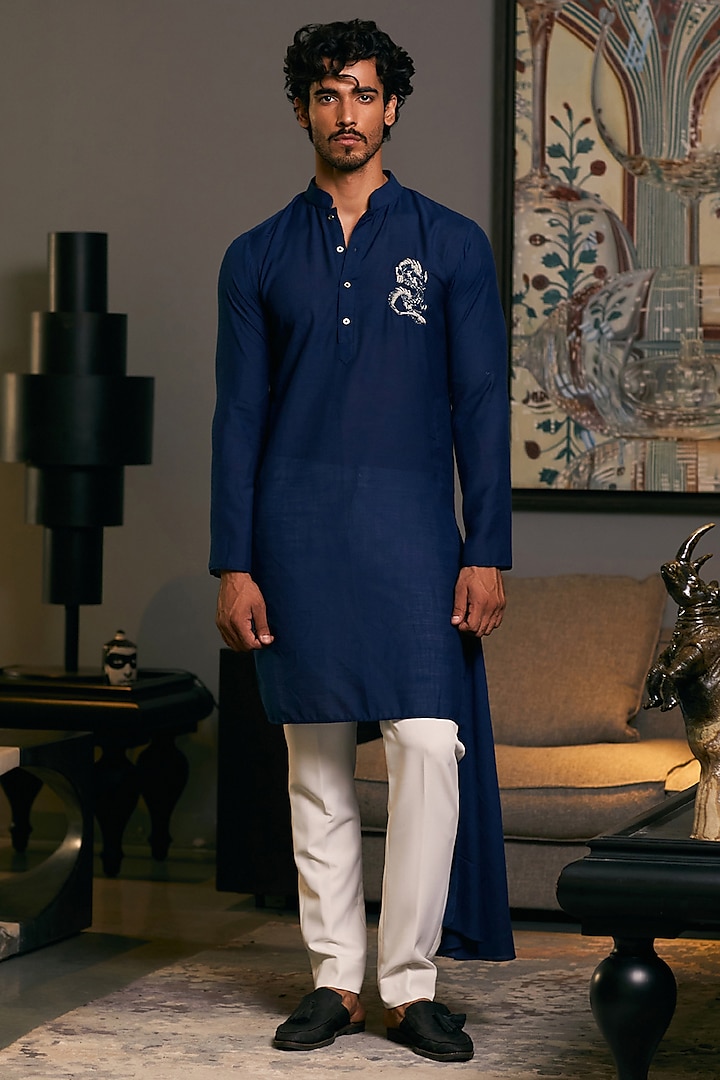 Midnight Blue Blended Linen Asymmetric Embroidered Kurta by Siddartha Tytler Men at Pernia's Pop Up Shop