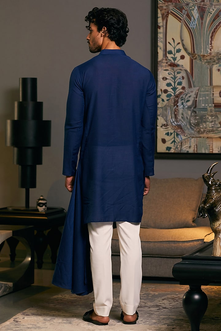 Midnight Blue Blended Linen Asymmetric Embroidered Kurta by Siddartha Tytler Men at Pernia's Pop Up Shop