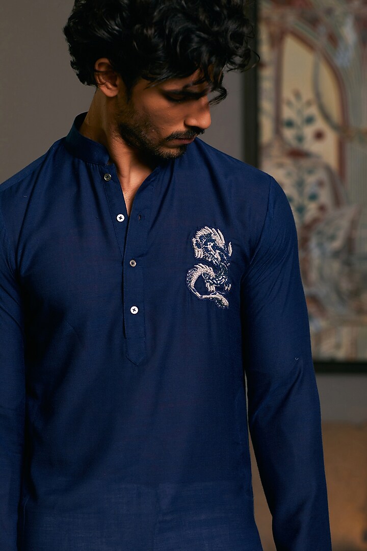 Midnight Blue Blended Linen Asymmetric Embroidered Kurta by Siddartha Tytler Men at Pernia's Pop Up Shop