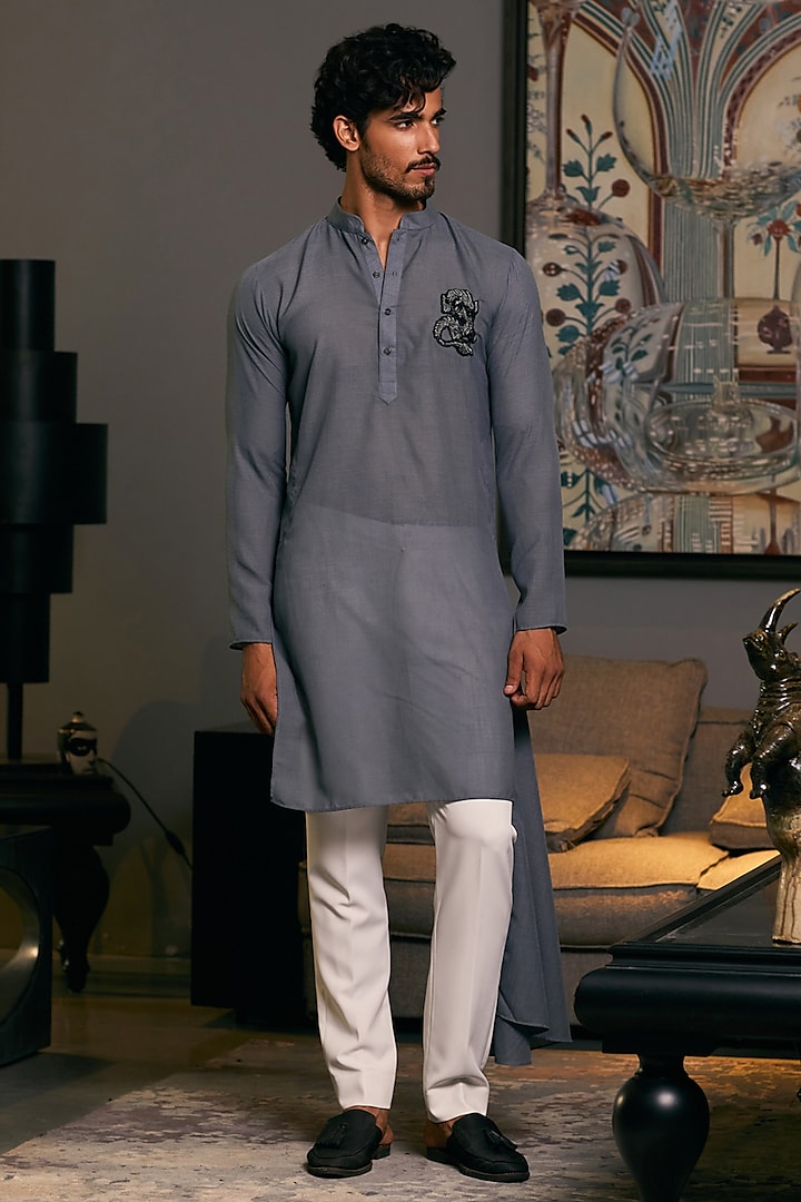 Slate Grey Blended Linen Asymmetric Embroidered Kurta by Siddartha Tytler Men