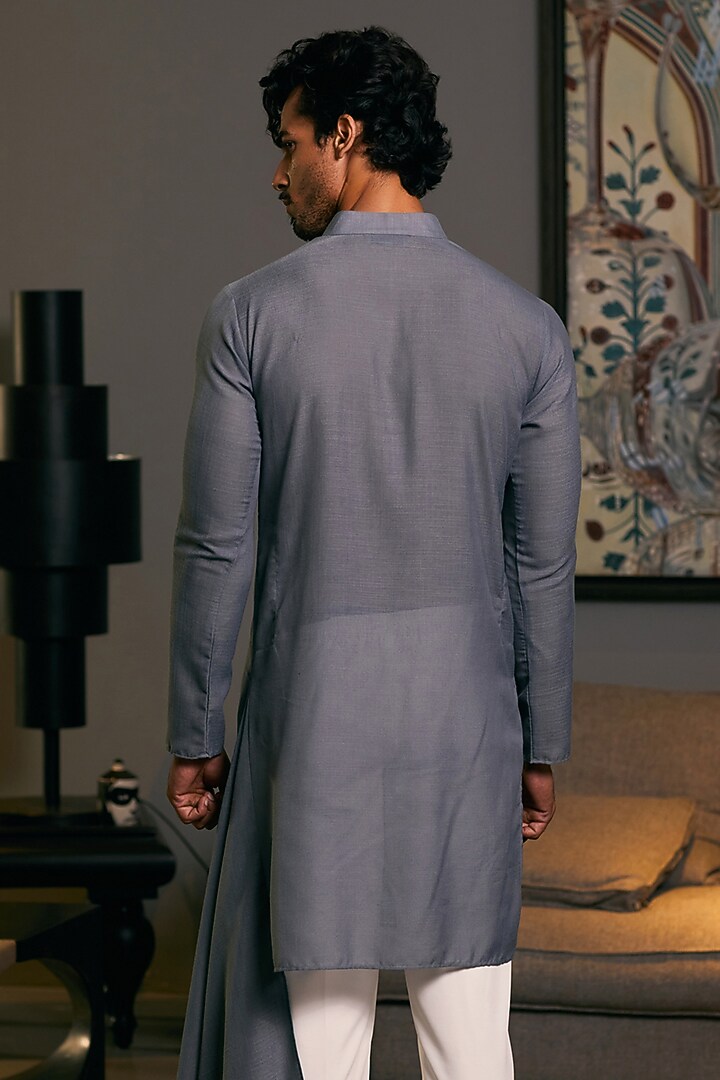 Slate Grey Blended Linen Asymmetric Embroidered Kurta by Siddartha Tytler Men at Pernia's Pop Up Shop
