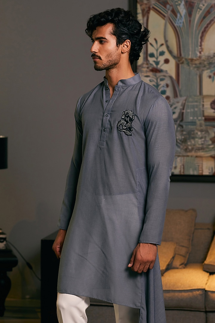 Slate Grey Blended Linen Asymmetric Embroidered Kurta by Siddartha Tytler Men at Pernia's Pop Up Shop